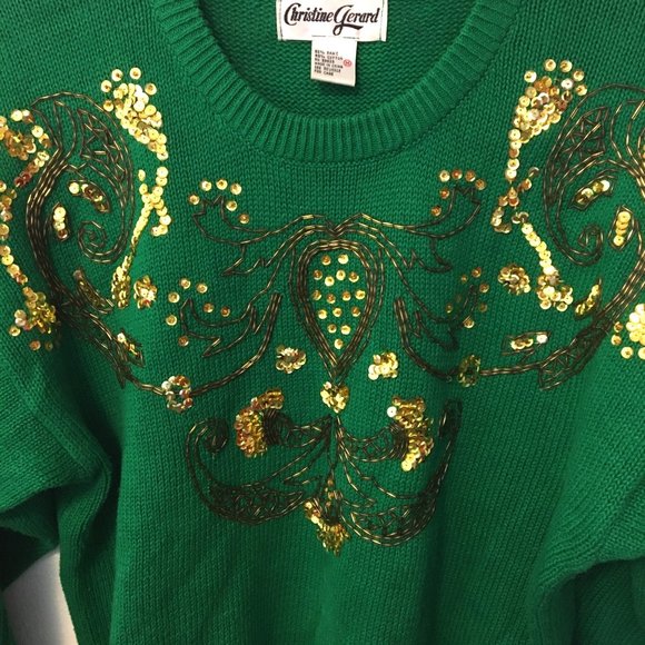 Vintage 80s Green Gold Sweater St Patricks Day Fighting Irish Beaded Sequins (BT - Picture 6 of 16